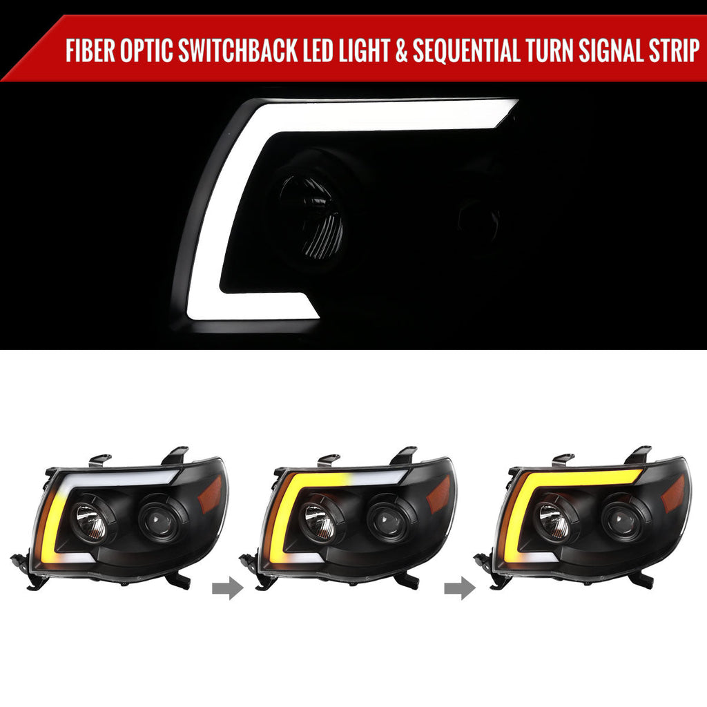 2005-2011 Toyota Tacoma LED Bar Projector Headlights w/ Sequential Turn Signal Lights (Matte Black Housing/Clear Lens)