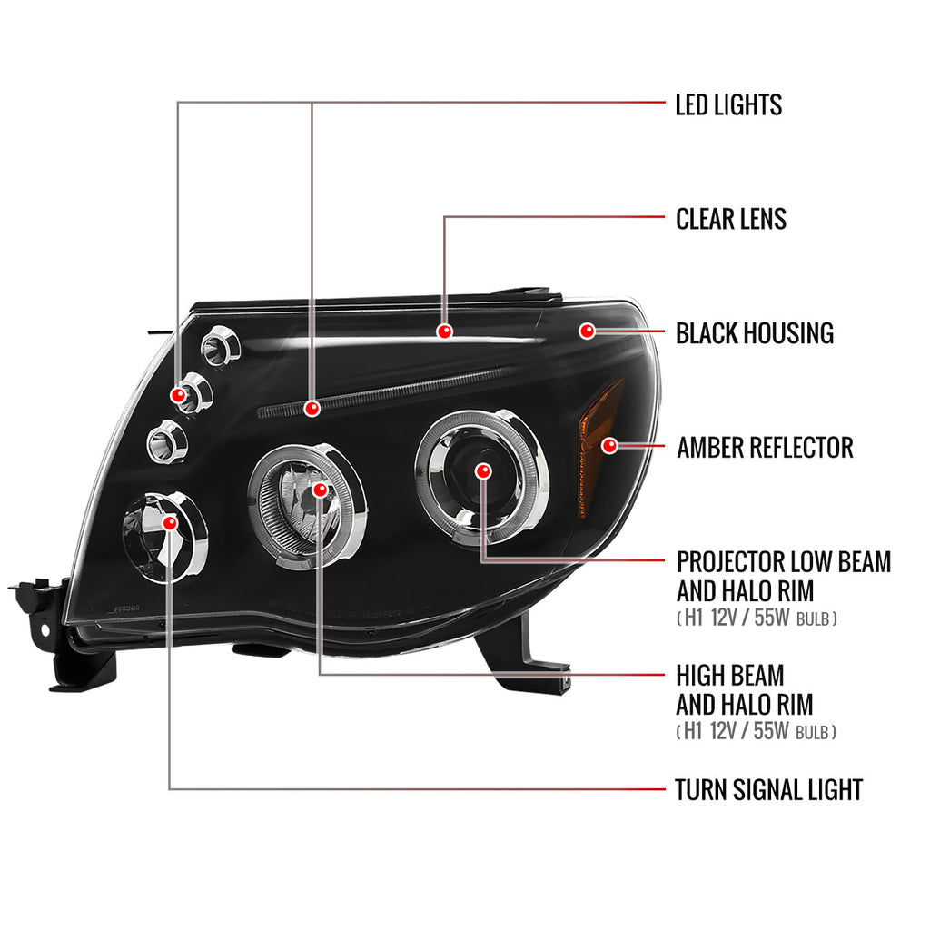 2005-2011 Toyota Tacoma Dual Halo Projector Headlights (Matte Black Housing/Clear Lens)
