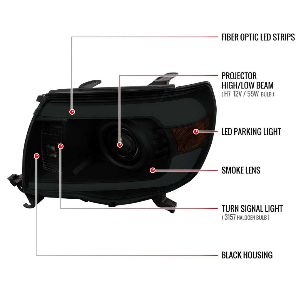 2005-2011 Toyota Tacoma LED Bar Projector Headlights (Chrome Housing/Smoked Lens)