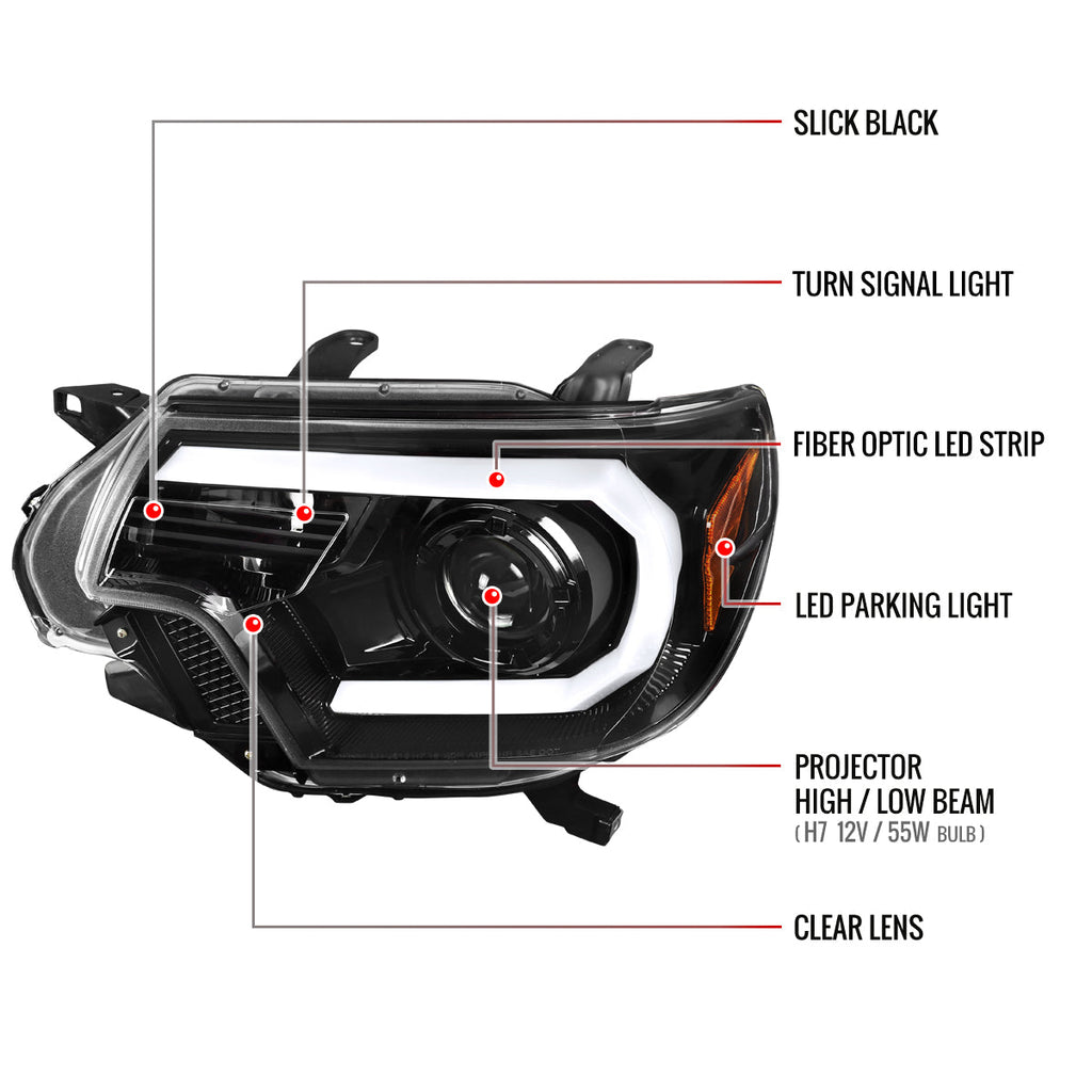 2012-2015 Toyota Tacoma LED C-Bar Projector Headlights (Jet Black Housing/Clear Lens)