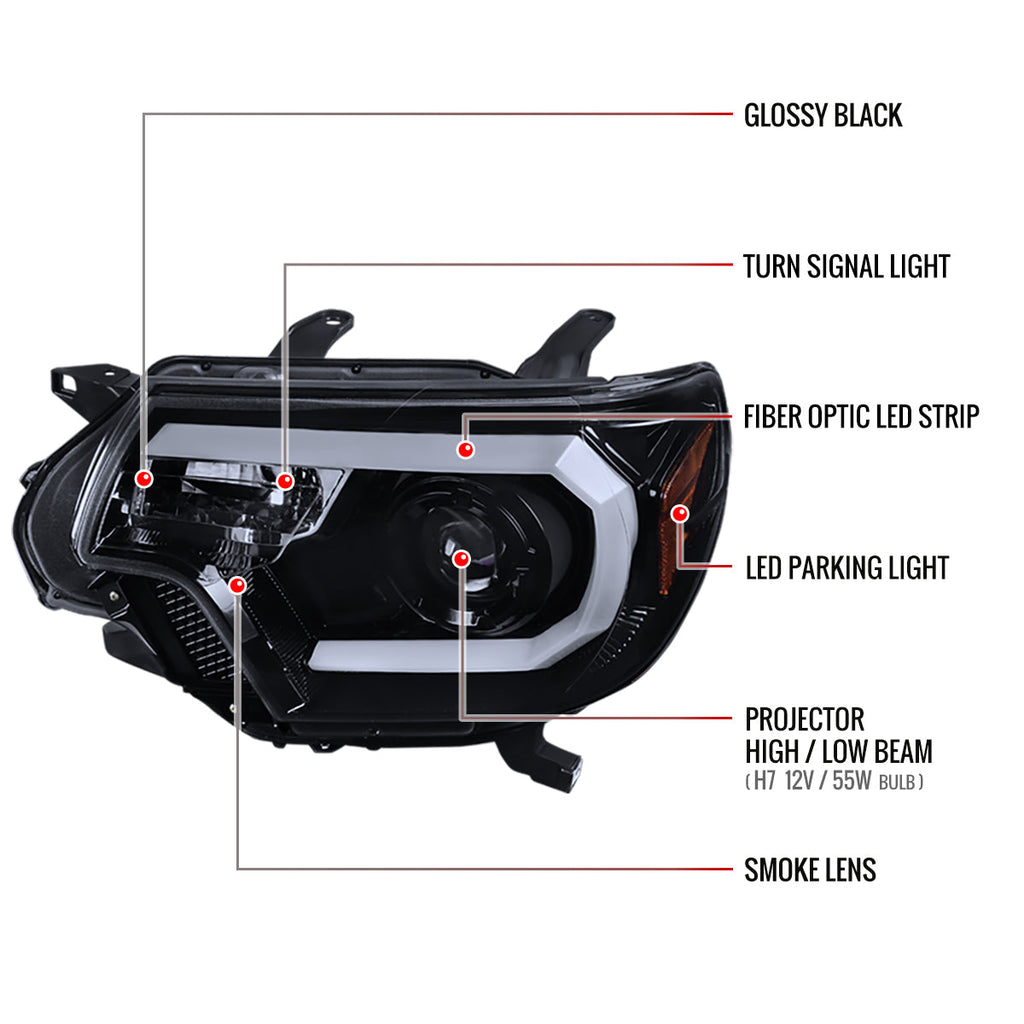 2012-2015 Toyota Tacoma LED C-Bar Projector Headlights (Glossy Black Housing/Smoked Lens)