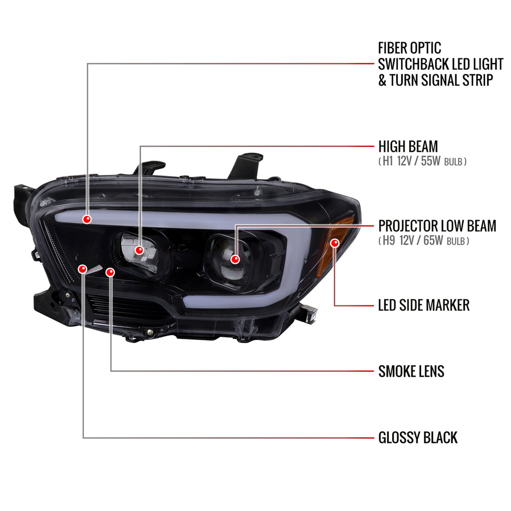 2016-2023 Toyota Tacoma Switchback LED C-Bar Projector Headlights (Glossy Black Housing/Smoked Lens)