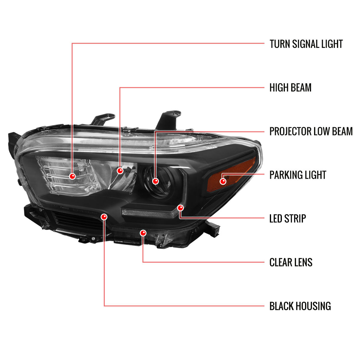 2016-2023 Toyota Tacoma LED Bar Projector Headlight (Matte Black Housing/Clear Lens)