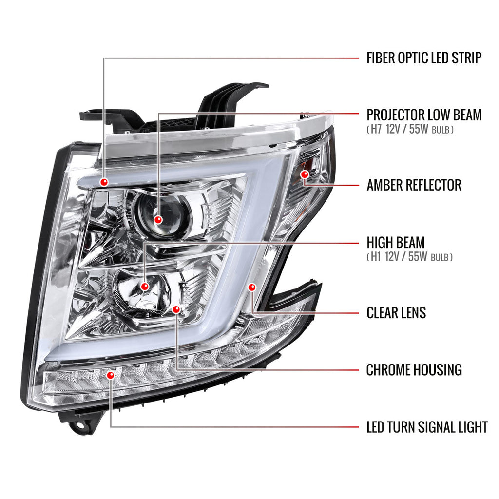 2015-2020 Chevrolet Tahoe Suburban/ 2016-2019 Suburban 3500HD LED C-Bar Projector Headlights w/ LED Turn Signal Lights (Chrome Housing/Clear Lens)