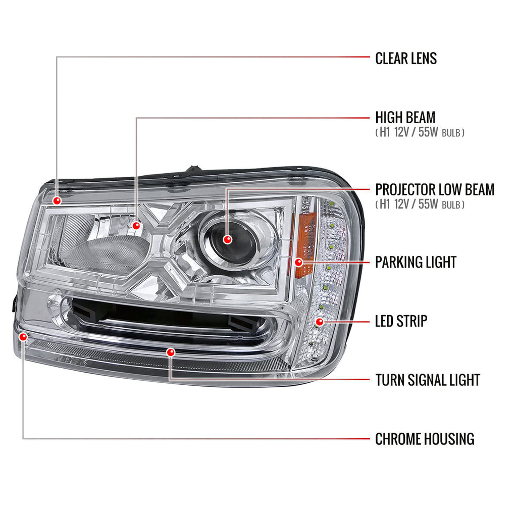 2002-2009 Chevrolet Trailblazer Projector Headlights w/ LED Light Strip (Chrome Housing/Clear Lens)