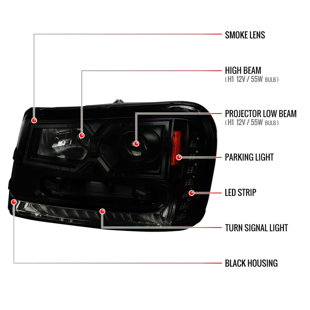 2002-2009 Chevrolet Trailblazer Projector Headlights w/ LED Light Strip (Black Housing/Smoked Lens)