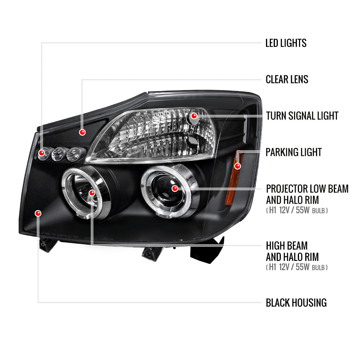 2004-2015 Nissan Titan/ 2004-2007 Armada Dual Halo Projector Headlights (Matte Black Housing/Clear Lens)