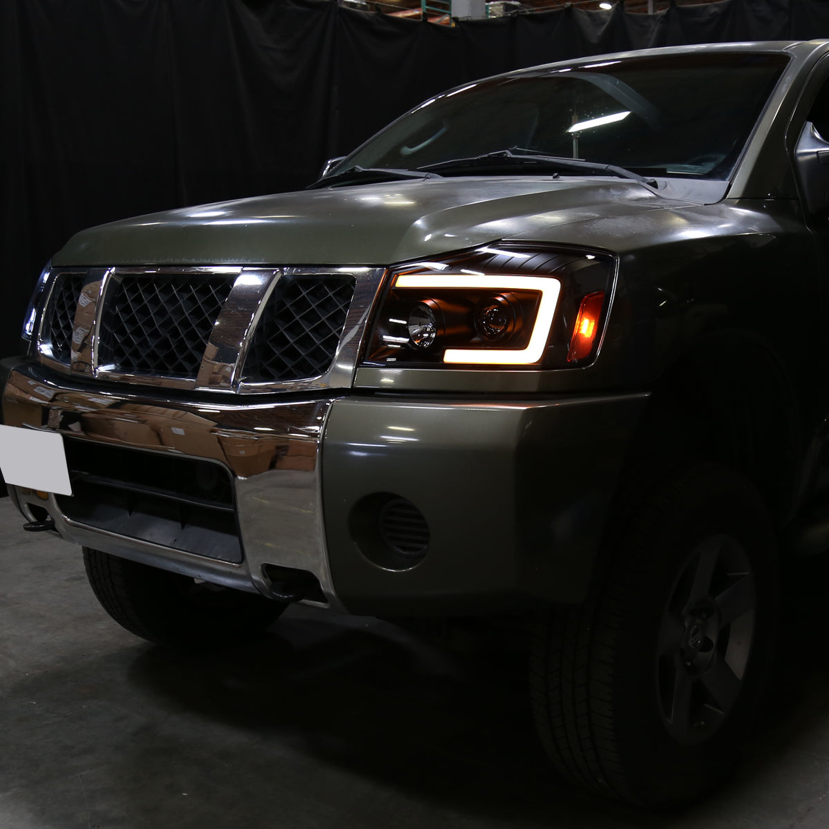 2004-2015 Nissan Titan/ 2004-2007 Armada LED C-Bar Projector Headlights w/ Switchback Sequential Turn Signals (Black Housing/Smoked Lens)