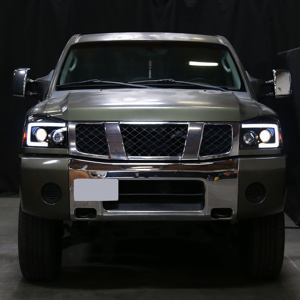 2004-2015 Nissan Titan/ 2004-2007 Armada LED C-Bar Projector Headlights w/ Switchback Sequential Turn Signals (Black Housing/Smoked Lens)