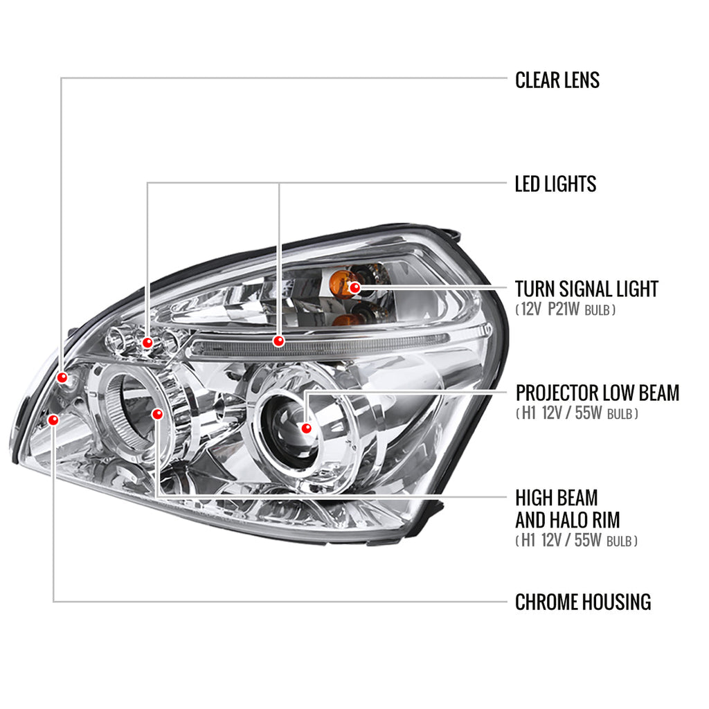 2005-2009 Hyundai Tucson Single Halo Projector Headlights (Chrome Housing/Clear Lens)