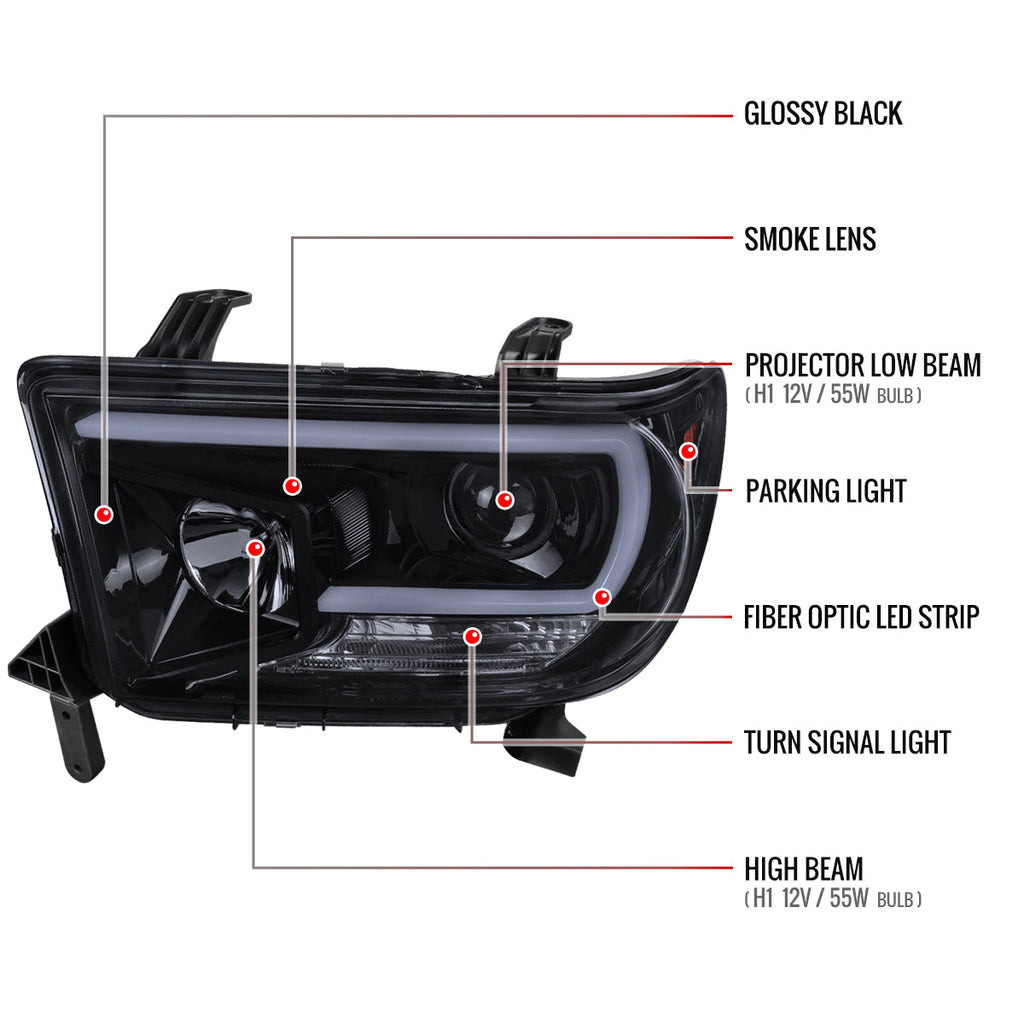 2007-2013 Toyota Tundra/ 2008-2017 Sequoia LED C-Bar Projector Headlights (Glossy Black Housing/Smoked Lens)