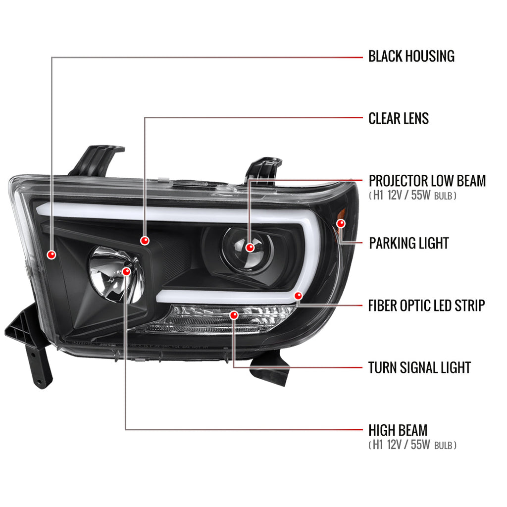 2007-2013 Toyota Tundra/ 2008-2017 Sequoia LED C-Bar Projector Headlights (Black Housing/Clear Lens)