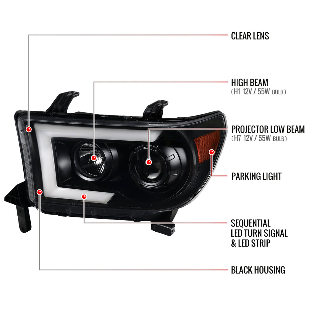 2007-2013 Toyota Tundra/ 2008-2017 Sequoia LED C-Bar Projector Headlights w/ Switchback Sequential Turn Signals (Matte Black Housing/Clear Lens)