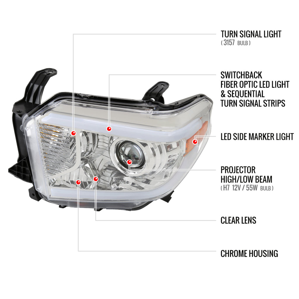 2014-2021 Toyota Tundra LED Switchback Sequential Turn Signal LED Bar Projector Headlights (Chrome Housing/Clear Lens)