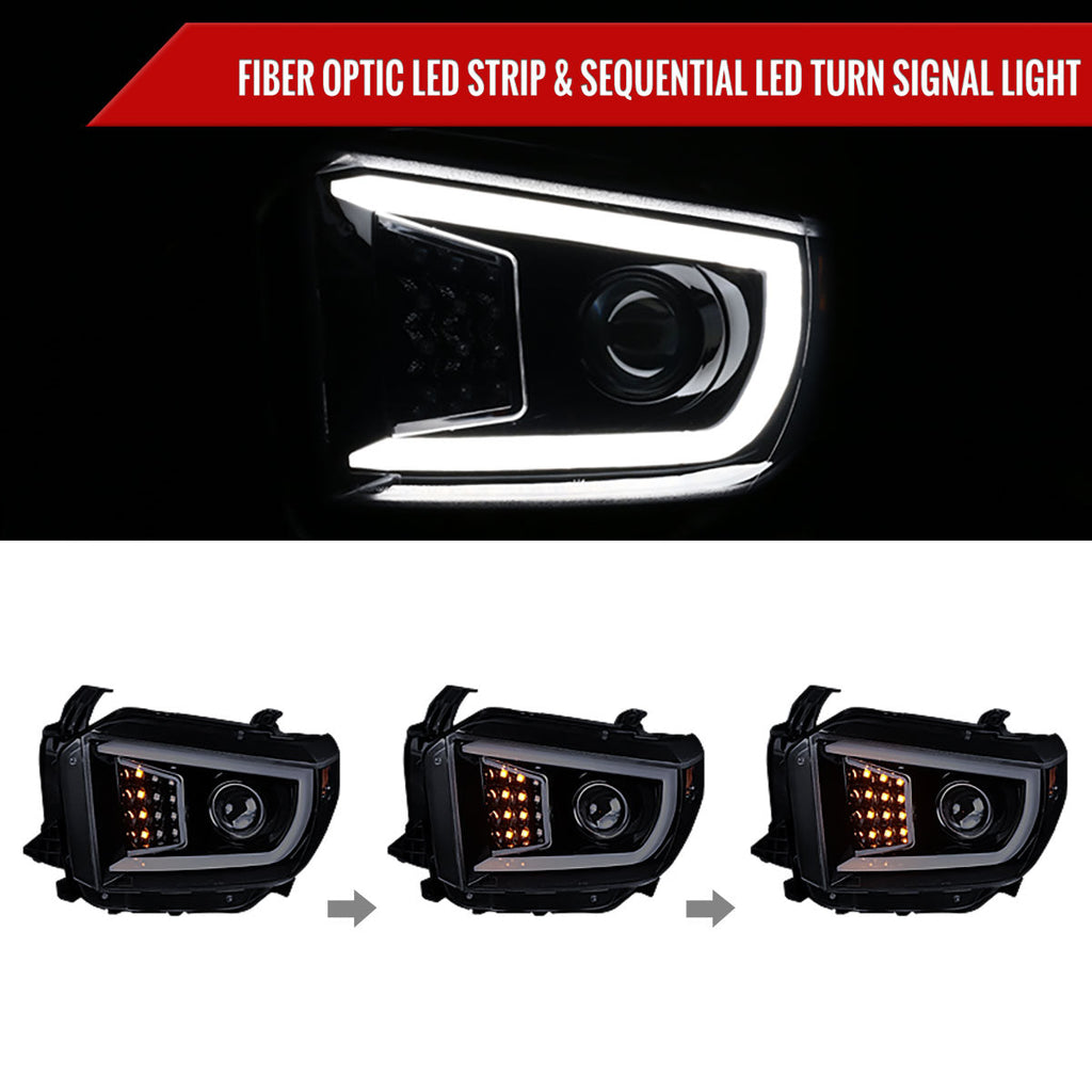 2014-2021 Toyota Tundra LED C-Bar Projector Headlights w/ Sequential Turn Signal Lights (Glossy Black Housing/Smoked Lens)