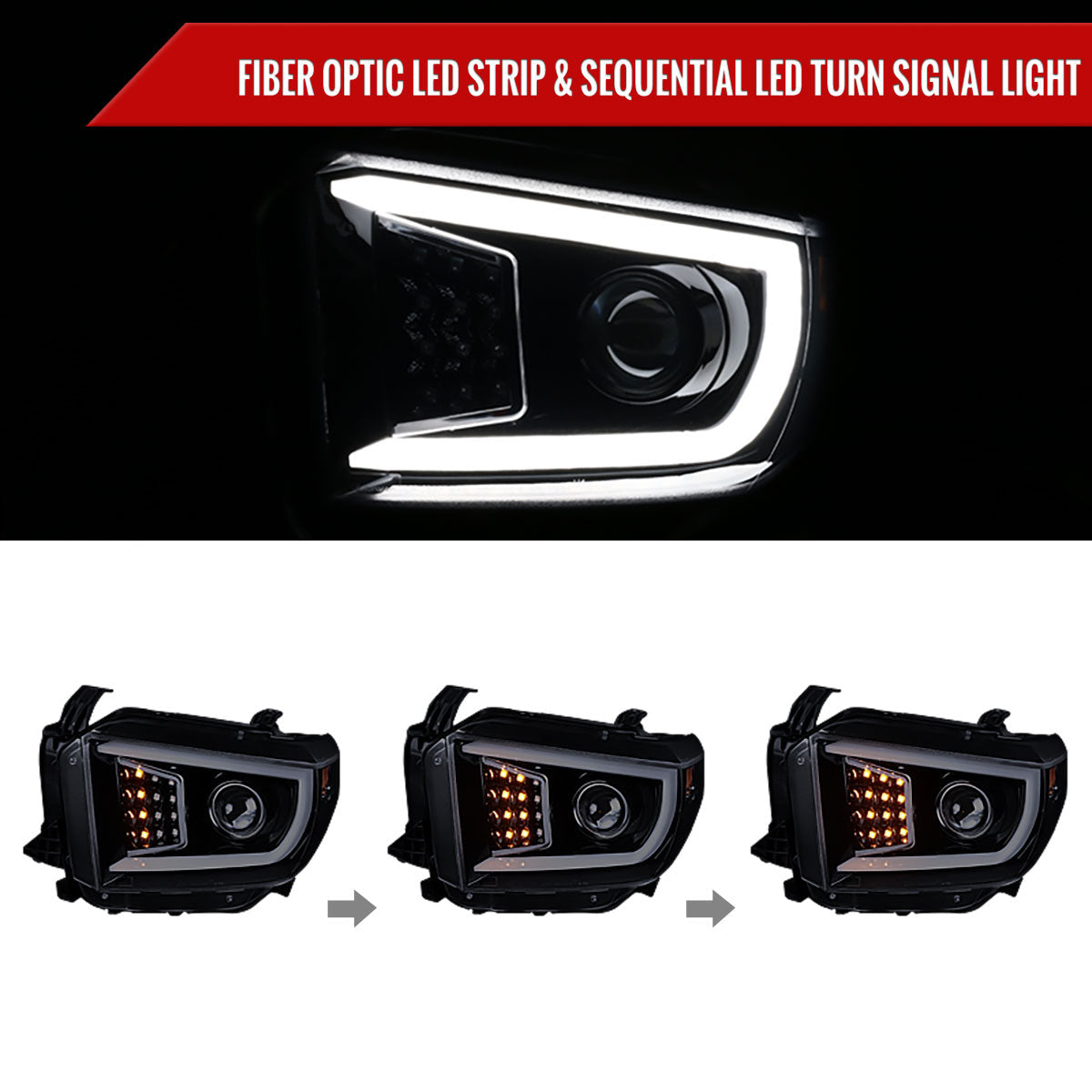 2014-2021 Toyota Tundra LED C-Bar Projector Headlights w/ Sequential Turn Signal Lights (Glossy Black Housing/Smoked Lens)