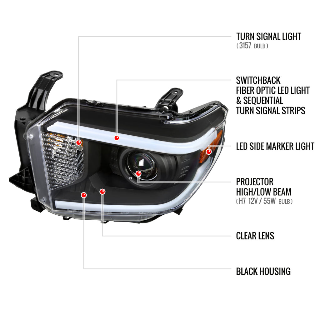 2014-2021 Toyota Tundra LED Switchback Sequential Turn Signal LED Bar Projector Headlights (Matte Black Housing/Clear Lens)