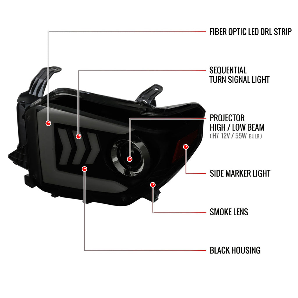 2014-2021 Toyota Tundra LED C-Bar Projector Headlights w/ Sequential Arrow Turn Signals (Black Housing/Smoked Lens)