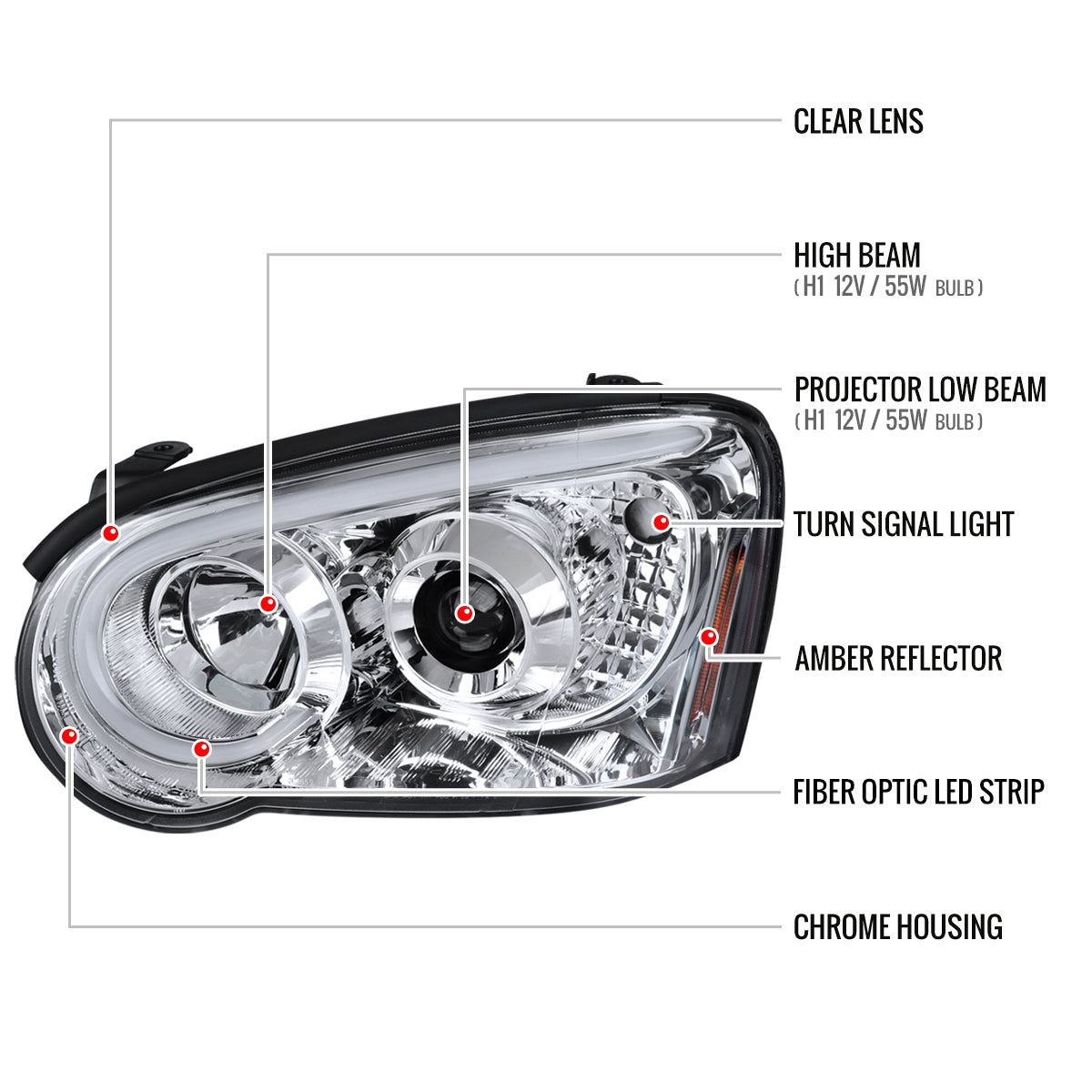 2004-2005 Subaru Impreza WRX/STI Outback Projector Headlights w/ LED Light Bar (Chrome Housing/Clear Lens)