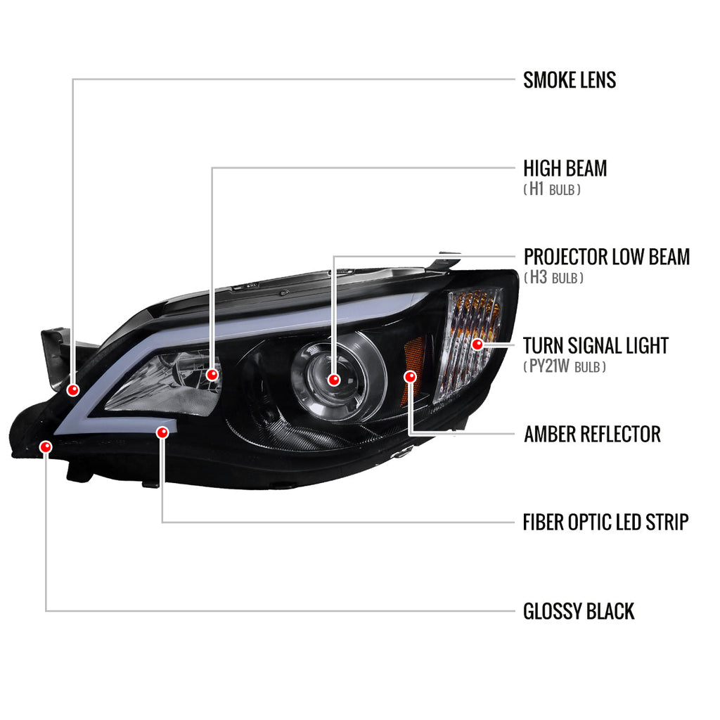 2008-2014 Subaru Impreza WRX / 2008-2011 Outback Sport LED Bar Projector Headlights (Glossy Black Housing/Smoked Lens)