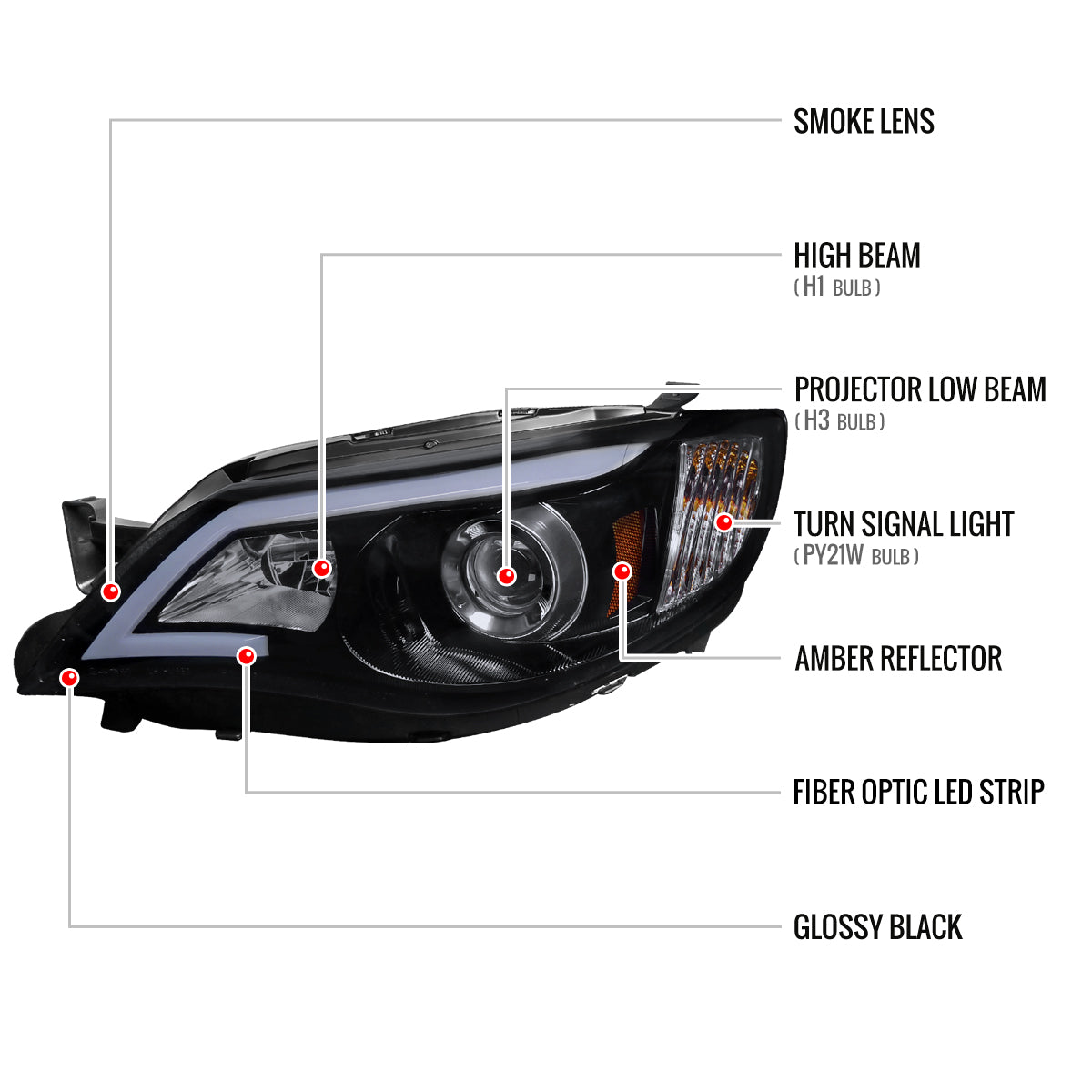 2008-2014 Subaru Impreza WRX / 2008-2011 Outback Sport LED Bar Projector Headlights (Glossy Black Housing/Smoked Lens)
