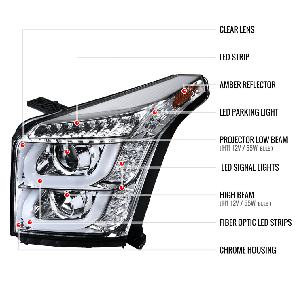 2015-2020 GMC Yukon/Yukon XL LED U-Bar Projector Headlights (Chrome Housing/Clear Lens)