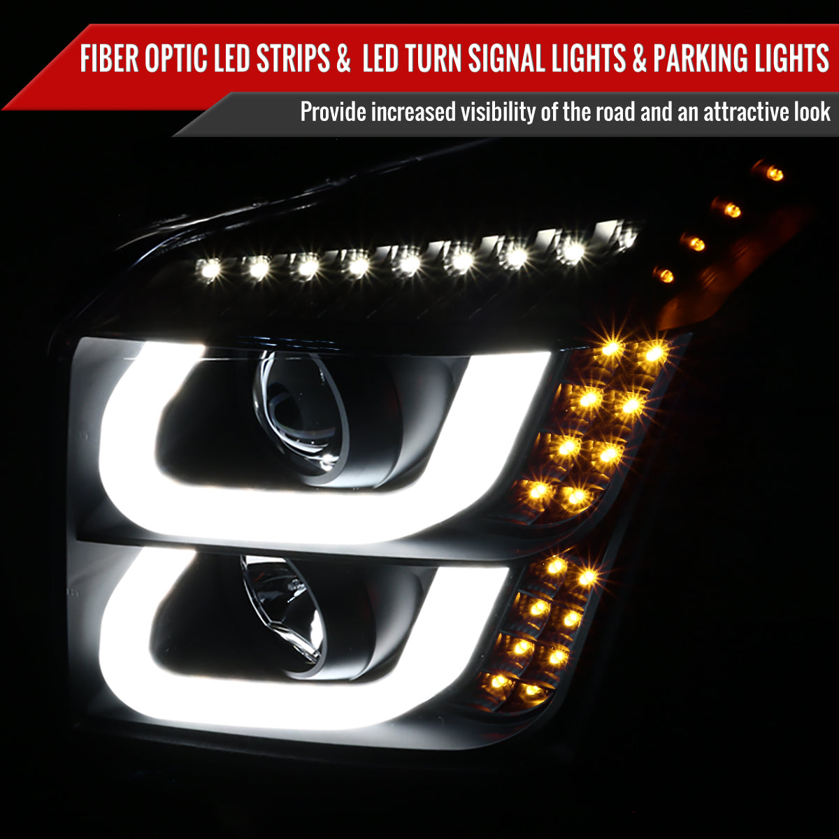 2015-2020 GMC Yukon/Yukon XL LED U-Bar Projector Headlights w/ LED Turn Signal Lights (Matte Black Housing/Clear Lens)