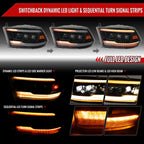 2009-2018 Dodge RAM 1500 / 2019 RAM Classic / 2010-2018 RAM 2500 3500 Projector Headlights w/ Amber LED Sequential Turn Signal (Matte Black Housing/Clear Lens)