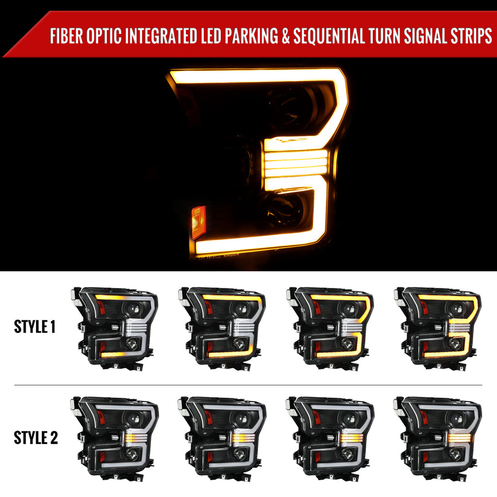 2015??‚??2017 Ford F-150 LED Bar Projector Headlights w/ Amber LED Sequential Turn Signals & Starup Animition (Black Housing / Clear Lens)