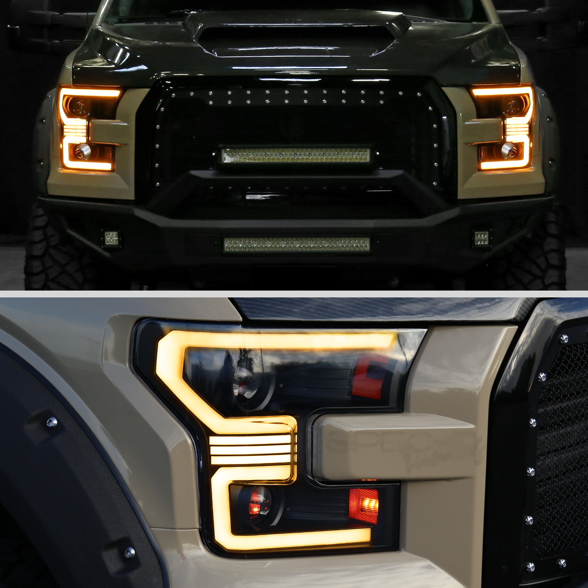 2015??‚??2017 Ford F-150 LED Bar Projector Headlights w/ Amber LED Sequential Turn Signals & Starup Animition (Black Housing / Clear Lens)