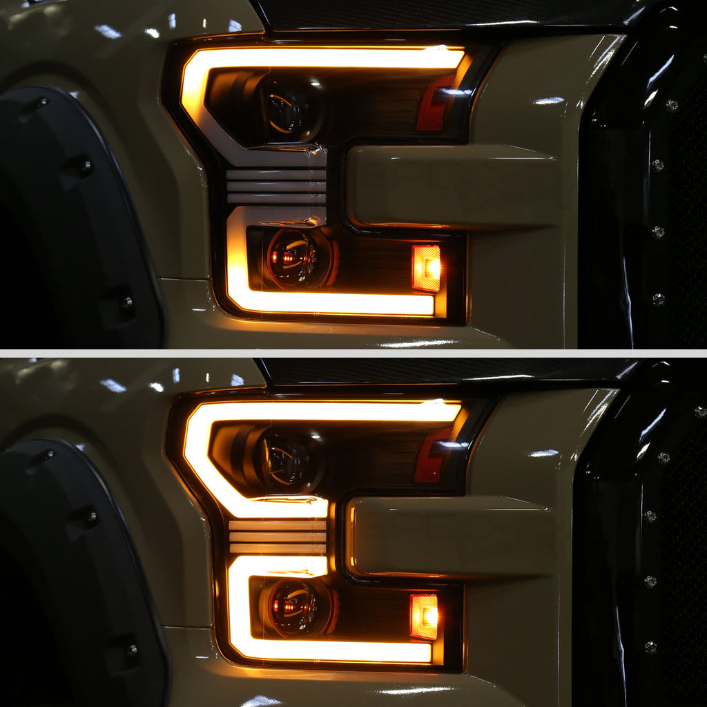 2015??‚??2017 Ford F-150 LED Bar Projector Headlights w/ Amber LED Sequential Turn Signals & Starup Animition (Black Housing / Clear Lens)
