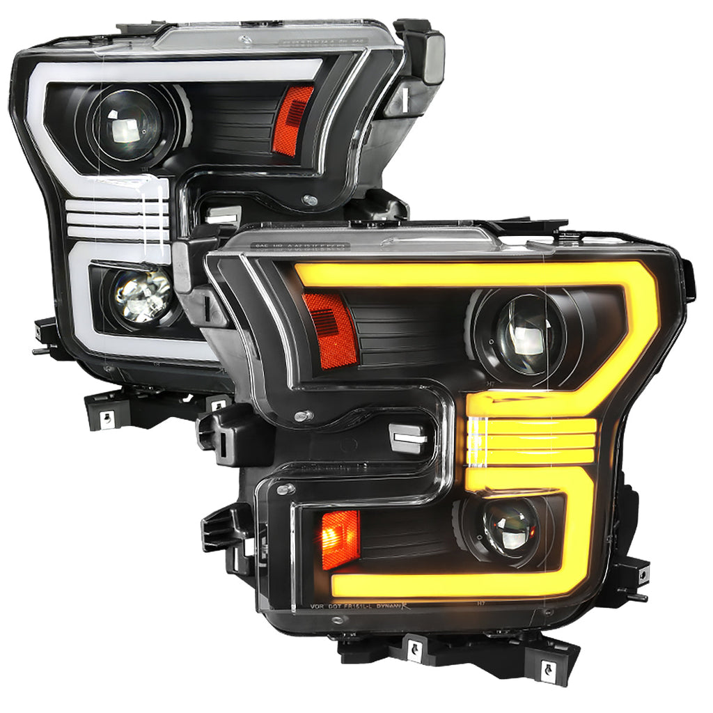 2015??‚??2017 Ford F-150 LED Bar Projector Headlights w/ Amber LED Sequential Turn Signals & Starup Animition (Black Housing / Clear Lens)