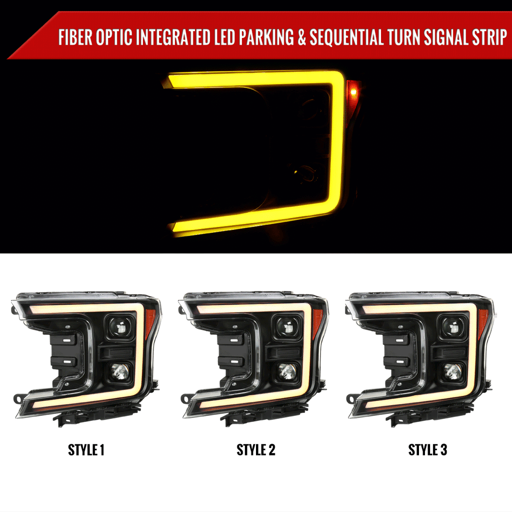 2018-2020 Ford F-150 Projector Headlights w/ Amber LED Sequential Turn Signal Lights (Matte Black Housing / Clear Lens)