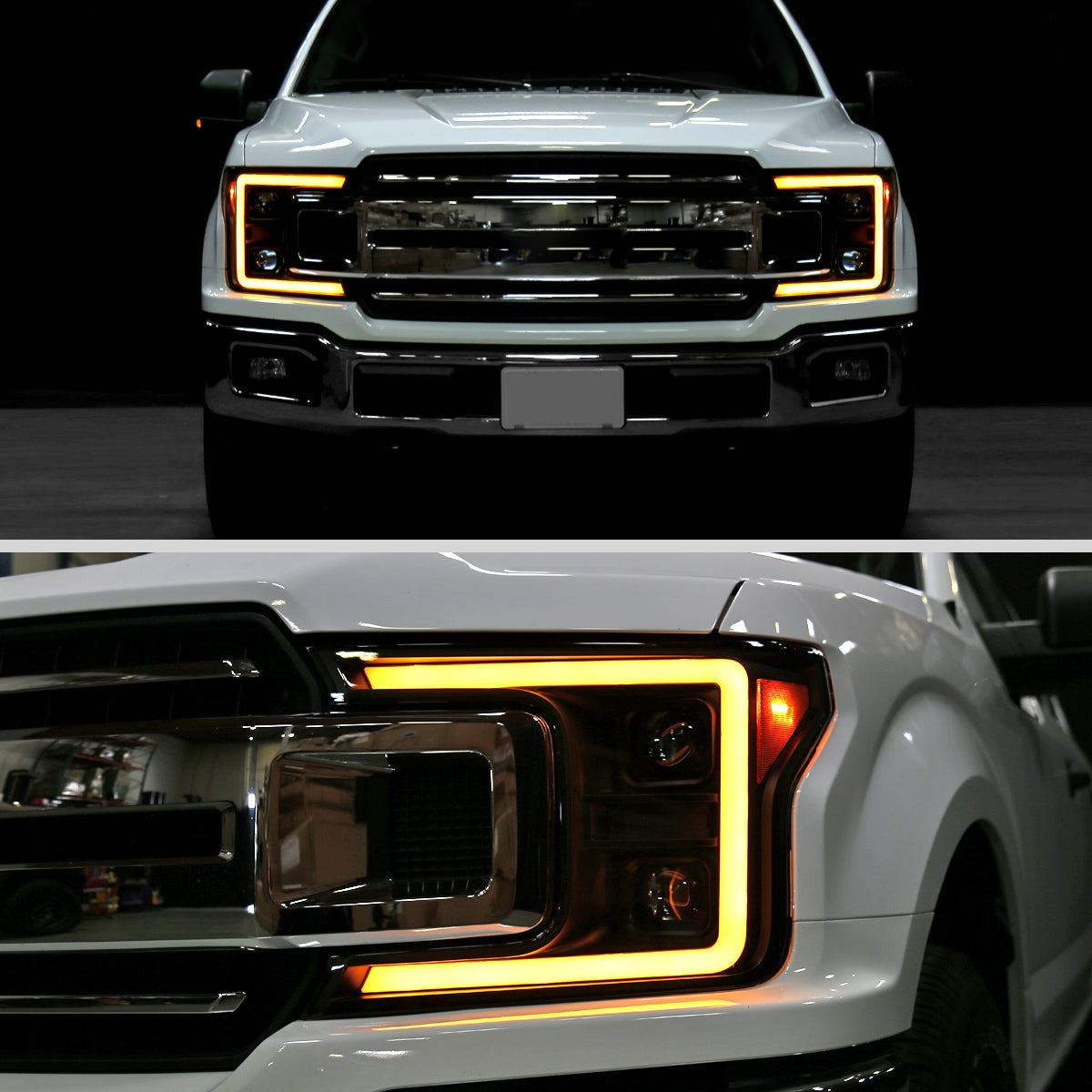 2018-2020 Ford F-150 Projector Headlights w/ Amber LED Sequential Turn Signal Lights (Matte Black Housing / Clear Lens)