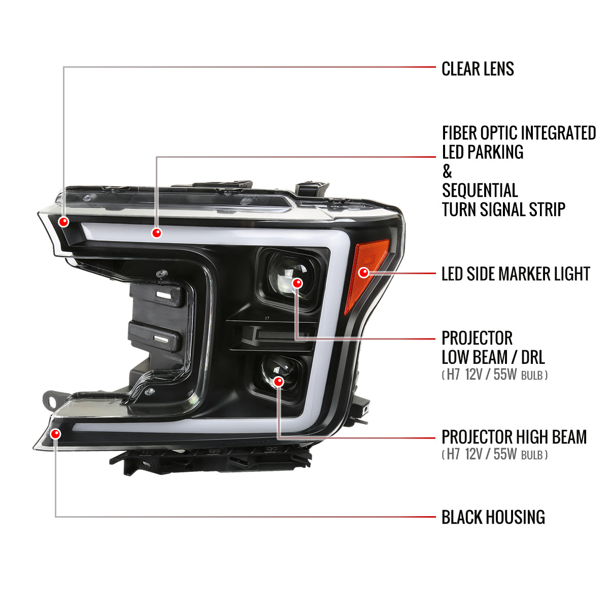 2018-2020 Ford F-150 Projector Headlights w/ Amber LED Sequential Turn Signal Lights (Matte Black Housing / Clear Lens)