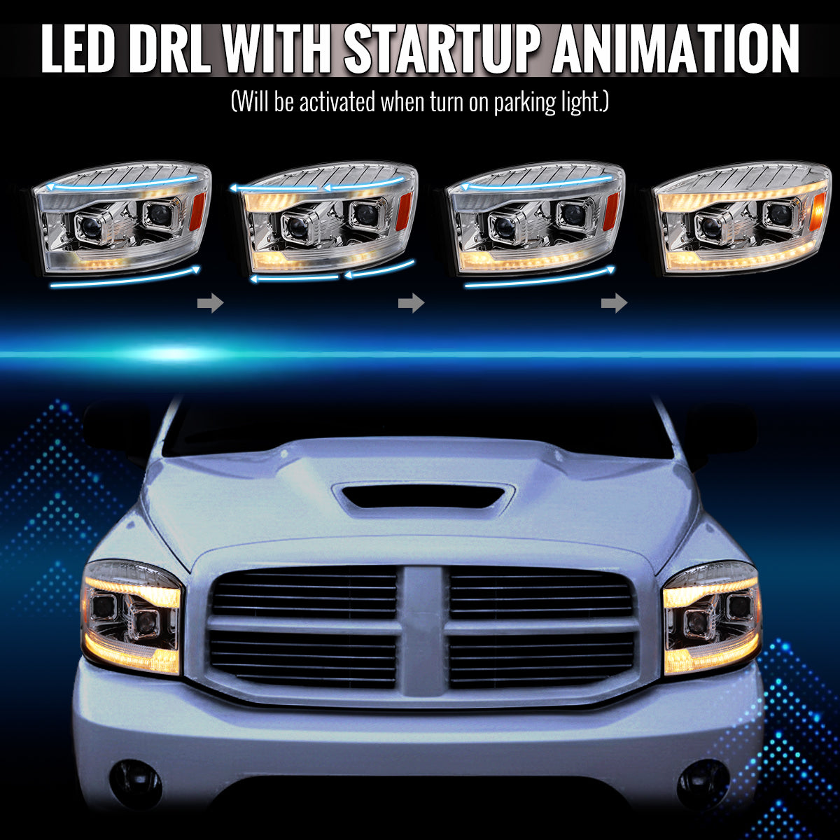 2006-2008 Dodge RAM 1500 / 2006-2009 RAM 2500 3500 Projector Headlights with Switchback Amber LED Strips, Sequential Turn Signals, DRL & Startup Animation (Chrome Housing / Clear Lens)