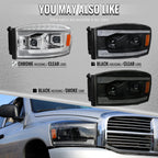 2006-2008 Dodge RAM 1500 / 2006-2009 RAM 2500 3500 Projector Headlights with Switchback Amber LED Strips, Sequential Turn Signals, DRL & Startup Animation (Chrome Housing / Clear Lens)