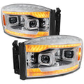 2006-2008 Dodge RAM 1500 / 2006-2009 RAM 2500 3500 Projector Headlights with Switchback Amber LED Strips, Sequential Turn Signals, DRL & Startup Animation (Chrome Housing / Clear Lens)