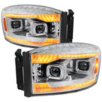 2006-2008 Dodge RAM 1500 / 2006-2009 RAM 2500 3500 Projector Headlights with Switchback Amber LED Strips, Sequential Turn Signals, DRL & Startup Animation (Chrome Housing / Clear Lens)