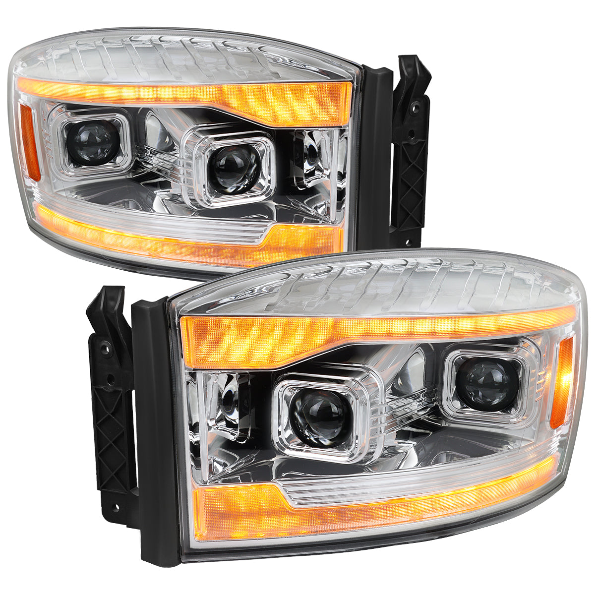 2006-2008 Dodge RAM 1500 / 2006-2009 RAM 2500 3500 Projector Headlights with Switchback Amber LED Strips, Sequential Turn Signals, DRL & Startup Animation (Chrome Housing / Clear Lens)