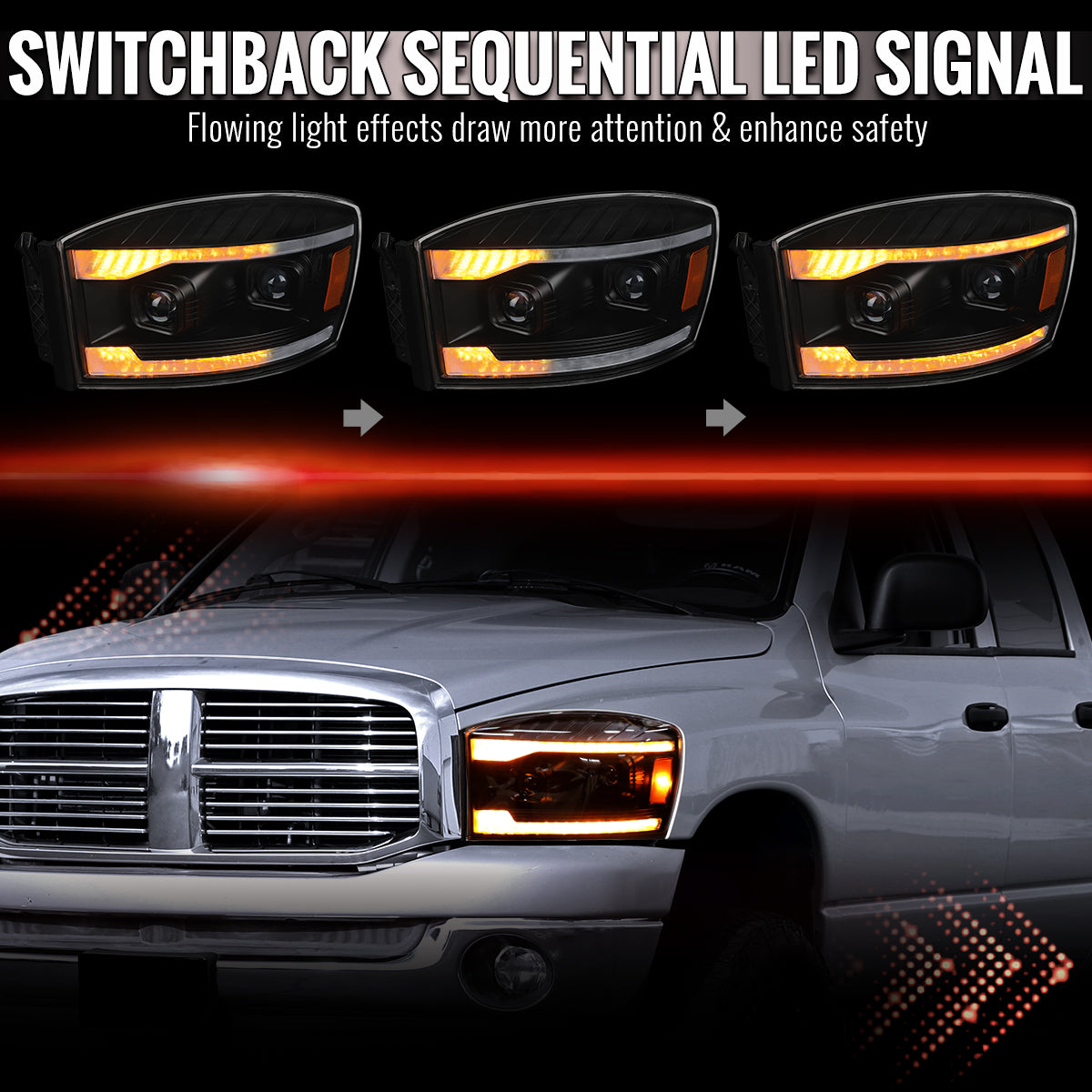 2006-2008 Dodge RAM 1500 / 2006-2009 RAM 2500 3500 Projector Headlights with Switchback Amber LED Strips, Sequential Turn Signals, DRL & Startup Animation (Black Housing / Clear Lens)