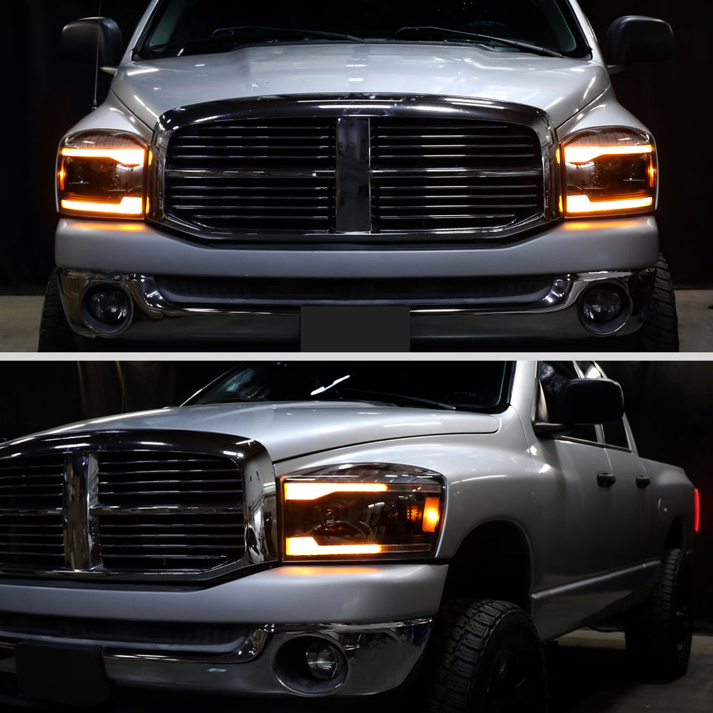 2006-2008 Dodge RAM 1500 / 2006-2009 RAM 2500 3500 Projector Headlights with Switchback Amber LED Strips, Sequential Turn Signals, DRL & Startup Animation (Black Housing / Clear Lens)