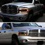 2006-2008 Dodge RAM 1500 / 2006-2009 RAM 2500 3500 Projector Headlights with Switchback Amber LED Strips, Sequential Turn Signals, DRL & Startup Animation (Black Housing / Clear Lens)