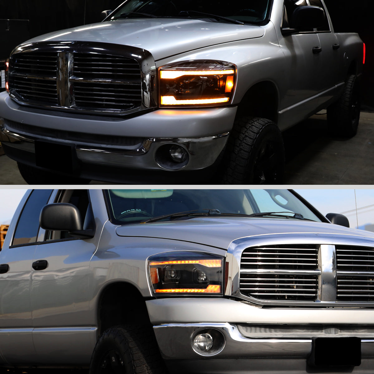 2006-2008 Dodge RAM 1500 / 2006-2009 RAM 2500 3500 Projector Headlights with Switchback Amber LED Strips, Sequential Turn Signals, DRL & Startup Animation (Black Housing / Clear Lens)