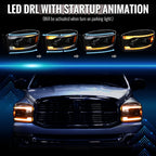 2006-2008 Dodge RAM 1500 / 2006-2009 RAM 2500 3500 Projector Headlights with Switchback Amber LED Strips, Sequential Turn Signals, DRL & Startup Animation (Black Housing / Clear Lens)