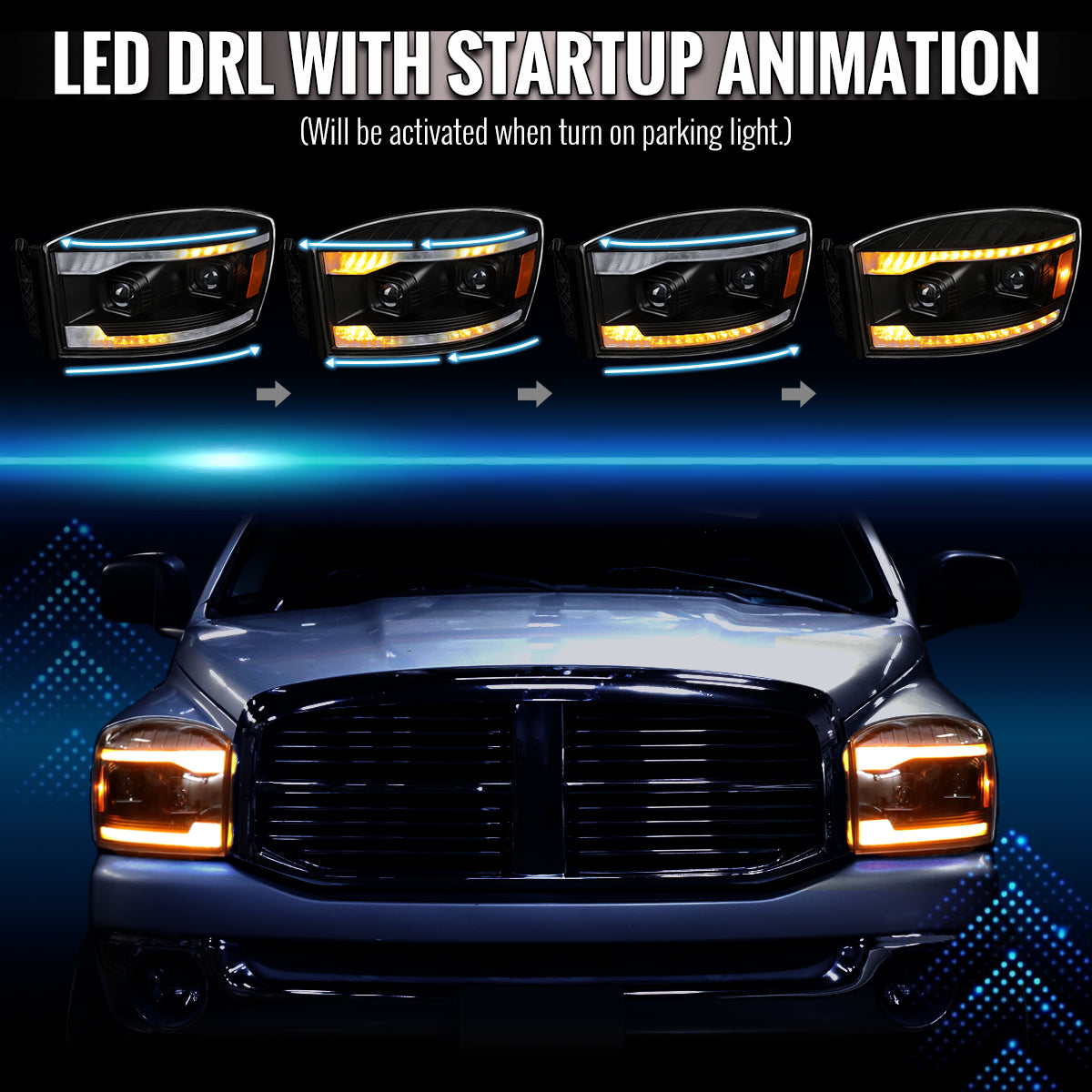 2006-2008 Dodge RAM 1500 / 2006-2009 RAM 2500 3500 Projector Headlights with Switchback Amber LED Strips, Sequential Turn Signals, DRL & Startup Animation (Black Housing / Clear Lens)
