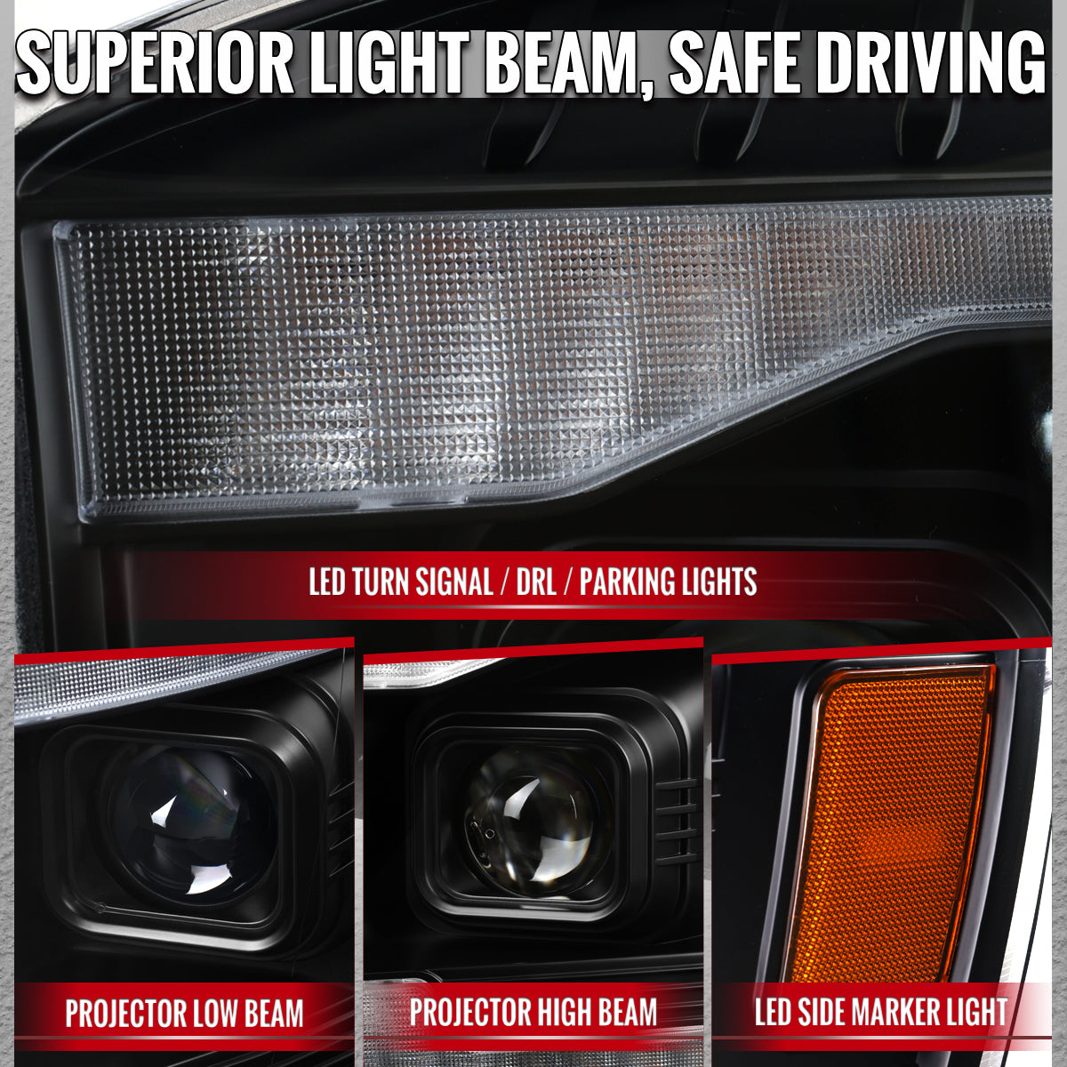 2006-2008 Dodge RAM 1500 / 2006-2009 RAM 2500 3500 Projector Headlights with Switchback Amber LED Strips, Sequential Turn Signals, DRL & Startup Animation (Black Housing / Clear Lens)