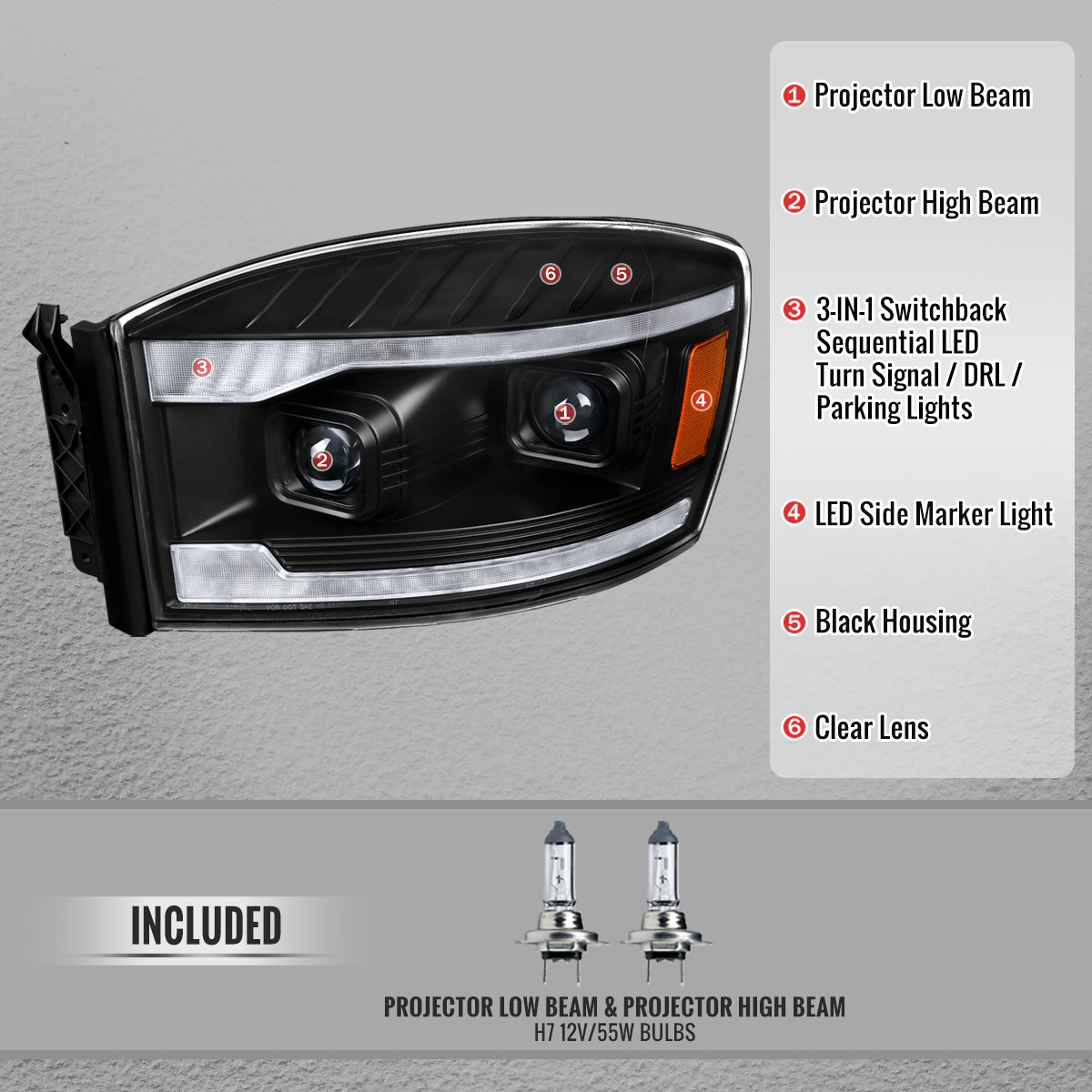2006-2008 Dodge RAM 1500 / 2006-2009 RAM 2500 3500 Projector Headlights with Switchback Amber LED Strips, Sequential Turn Signals, DRL & Startup Animation (Black Housing / Clear Lens)