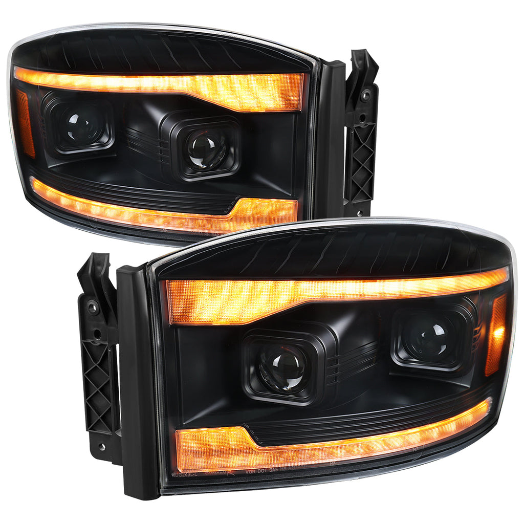 2006-2008 Dodge RAM 1500 / 2006-2009 RAM 2500 3500 Projector Headlights with Switchback Amber LED Strips, Sequential Turn Signals, DRL & Startup Animation (Black Housing / Clear Lens)