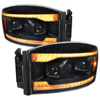 2006-2008 Dodge RAM 1500 / 2006-2009 RAM 2500 3500 Projector Headlights with Switchback Amber LED Strips, Sequential Turn Signals, DRL & Startup Animation (Black Housing / Clear Lens)